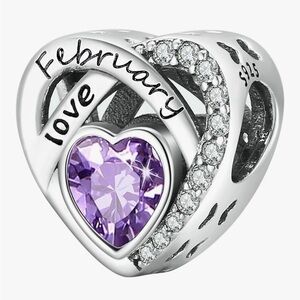Sterling Silver Heart February slide charm with purple Crystal fits all pandoras